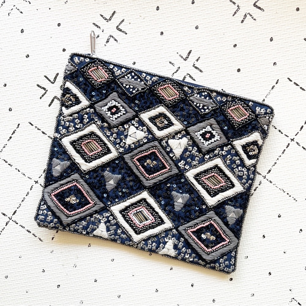 World Market Navy Beaded Zipper Pouch